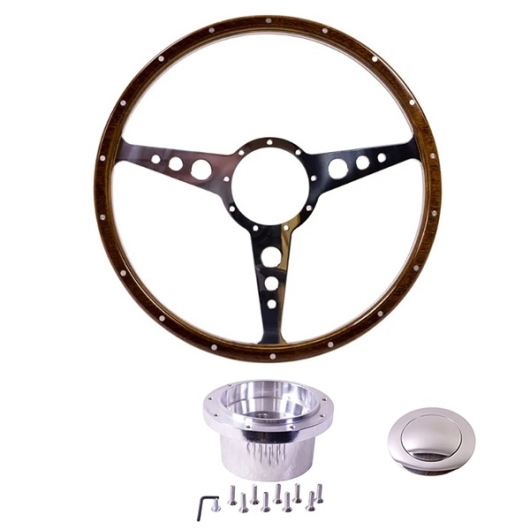 1960-74 Beetle Mahogany Steering Wheel + Polished Boss Kit- 405mm - 18 Rivets - Holed Spokes - No Dish