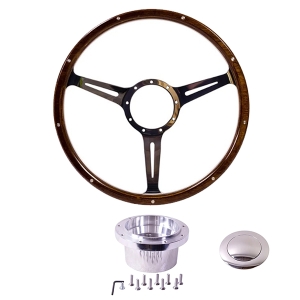 1968-74 Baywindow Bus Mahogany Steering Wheel + Polished Boss Kit- 380mm - 9 Rivets - Narrow Slots - Dished