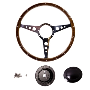 1968-74 Baywindow Bus Mahogany Steering Wheel + Black Boss Kit- 405mm - 18 Rivets - Holed Spokes - No Dish