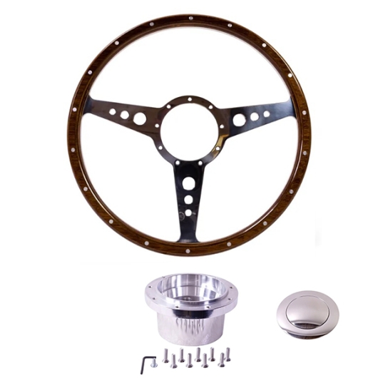 1968-74 Baywindow Bus Mahogany Steering Wheel + Polished Boss Kit- 380mm - 18 Rivets - Holed Spokes - No Dish