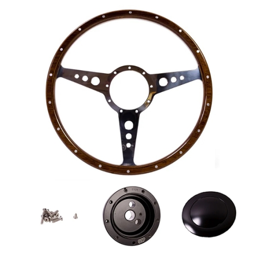 1968-74 Baywindow Bus Mahogany Steering Wheel + Black Boss Kit- 380mm - 18 Rivets - Holed Spokes - No Dish