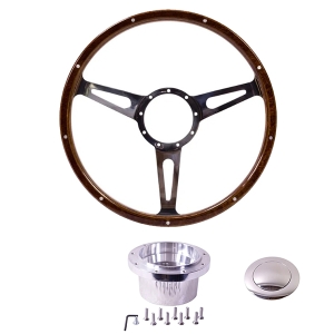 1968-74 Baywindow Bus Mahogany Steering Wheel + Polished Boss Kit- 380mm - 9 Rivets - Wide Slots - Dished