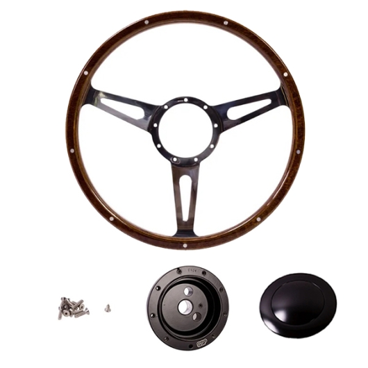 1968-74 Baywindow Bus Mahogany Steering Wheel + Black Boss Kit- 380mm - 9 Rivets - Wide Slots - Dished