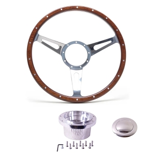 1968-74 Baywindow Bus Mahogany Steering Wheel + Polished Boss Kit- 380mm - 18 Rivets - Wide Slots - Dished