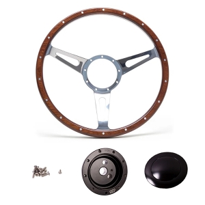 1968-74 Baywindow Bus Mahogany Steering Wheel + Black Boss Kit- 380mm - 18 Rivets - Wide Slots - Dished