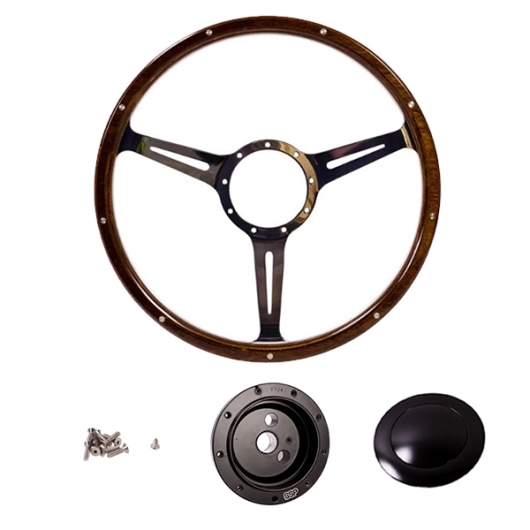 1968-74 Baywindow Bus Mahogany Steering Wheel + Black Boss Kit- 380mm - 9 Rivets - Narrow Slots - Dished