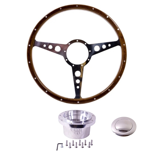 Baywindow Bus Mahogany Steering Wheel + Polished Boss Kit - 1975-79 (405mm, 18 Rivets, Holed Spokes, No Dish)