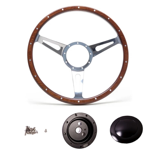 1975 -79 Baywindow Bus Mahogany Steering Wheel + Black Boss Kit- 380mm - 18 Rivets - Wide Slots - Dished