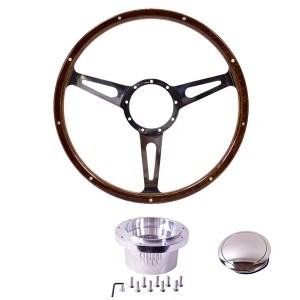 1975 -79 Baywindow Bus Mahogany Steering Wheel + Polished Boss Kit- 380mm - 9 Rivets - Wide Slots - Dished