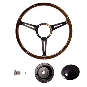 1975 -79 Baywindow Bus Mahogany Steering Wheel + Black Boss Kit- 380mm - 9 Rivets - Narrow Slots - Dished