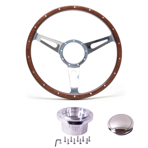 1975 -79 Baywindow Bus Mahogany Steering Wheel + Polished Boss Kit- 380mm - 18 Rivets - Wide Slots - Dished