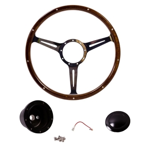 1960-74 Beetle Mahogany Steering Wheel + Black Boss Kit- 380mm - 9 Rivets - Narrow Slots - Dished