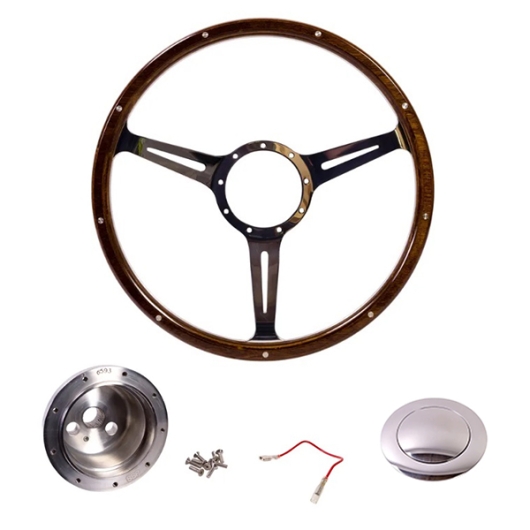 1960-74 Beetle Mahogany Steering Wheel + Polished Boss Kit- 380mm - 9 Rivets - Narrow Slots - Dished