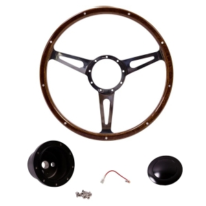 1960-74 Beetle Mahogany Steering Wheel + Black Boss Kit- 380mm - 9 Rivets - Wide Slots - Dished