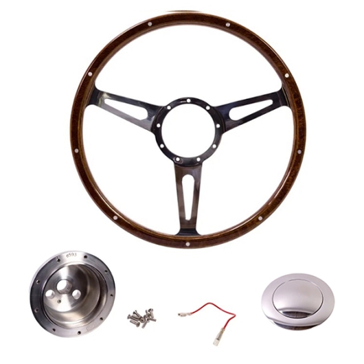 1960-74 Beetle Mahogany Steering Wheel + Polished Boss Kit- 380mm - 9 Rivets - Wide Slots - Dished