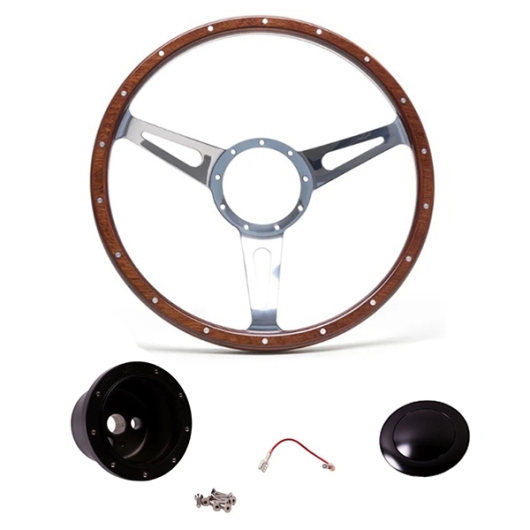 1960-74 Beetle Mahogany Steering Wheel + Black Boss Kit- 380mm - 18 Rivets - Wide Slots - Dished