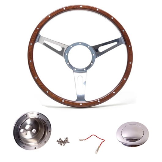 1960-74 Beetle Mahogany Steering Wheel + Polished Boss Kit- 380mm - 18 Rivets - Wide Slots - Dished