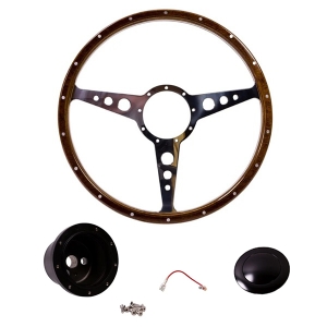 1960-74 Beetle Mahogany Steering Wheel + Black Boss Kit- 380mm - 18 Rivets - Holed Spokes - No Dish