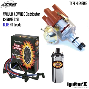 Vacuum Advance Distributor With Ignitor 2 Bundle Kit - Chrome Coil And Blue HT Leads (Type 4 Engines)
