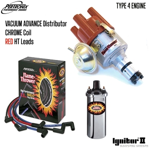 Vacuum Advance Distributor With Ignitor 2 Bundle Kit - Chrome Coil And Red HT Leads (Type 4 Engines)