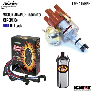 Vacuum Advance Distributor With Ignitor 1 Bundle Kit - Chrome Coil And Blue HT Leads (Type 4 Engines)