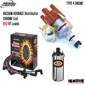 Vacuum Advance Distributor With Ignitor 1 Bundle Kit - Chrome Coil And Red HT Leads (Type 4 Engines)