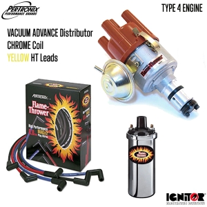 Vacuum Advance Distributor With Ignitor 1 Bundle Kit - Chrome Coil And Yellow HT Leads (Type 4 Engines)