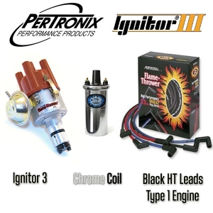Vacuum Advance Distributor With Ignitor 3 Bundle Kit - Chrome Coil And Black HT Leads (Type 1 Engines)
