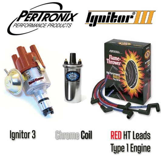 Vacuum Advance Distributor With Ignitor 3 Bundle Kit - Chrome Coil And Red HT Leads (Type 1 Engines)