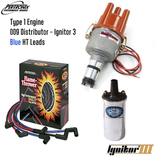 009 Distributor With Ignitor 3 Bundle Kit - Chrome Coil And Blue HT Leads (Type 1 Engines)