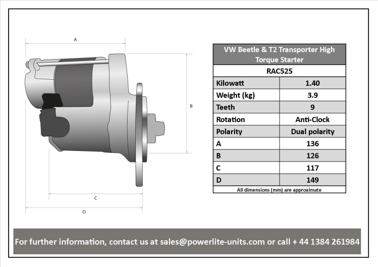 RAC525 Hi Torque Starter Motor - All Aircooled 12 Volt Models (See More Info For Bay Fitment)