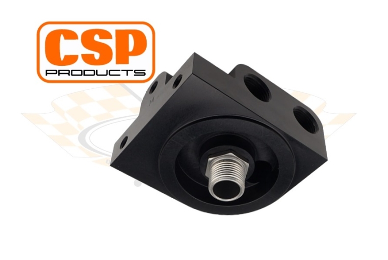 CSP Billet Aluminium Oil Filter Head With Left Outlets and Temp Sender Port - 3/8