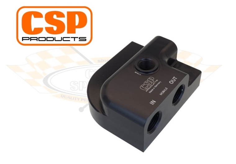 CSP Billet Aluminium Oil Filter Head With Right Outlets And Temp Sender Port - M18x1.5