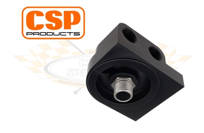 CSP Billet Aluminium Oil Filter Head With Right Outlets and Temp Sender Port - 3/8