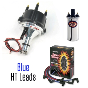 Pertronix Billet Distributor With Ignitor 1 Bundle Kit - Black Cap, Chrome Coil With Blue Leads
