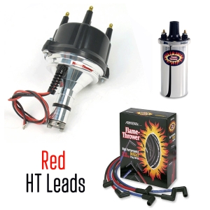 Pertronix Billet Distributor With Ignitor 1 Bundle Kit - Black Cap, Chrome Coil With Red Leads