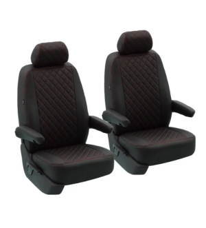 T5 Front Seat Cover Set (Walkthrough Models) - Black With Black Diamond Centre And Red Stitching