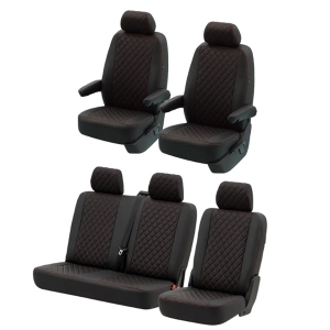T5 Front + Rear Seat Cover Set (Walkthrough Models) - Black With Black Diamond Centre And Red Stitching
