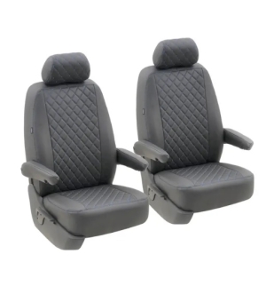 T5 Front Seat Cover Set (Walkthrough Models) - Black With Black Diamond Centre And Blue Stitching