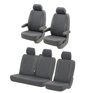T5 Front + Rear Seat Cover Set (Walkthrough Models) - Black With Black Diamond Centre And Blue Stitching