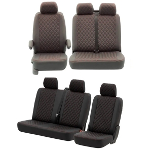 T5 Front + Rear Seat Cover Set (Bench Seat Models) - Black With Black Diamond Centre And Red Stitching