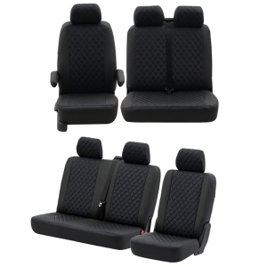 T5 Front + Rear Seat Cover Set (Bench Seat Models) - Black With Black Diamond Centre And Blue Stitching