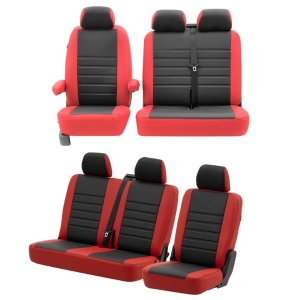 T5 Front + Rear Seat Cover Set (Bench Seat Models) - Red With Black Perforated Centre